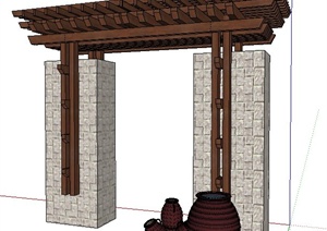 现代中式庭院木框架大门SU(草图大师)模型