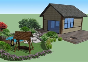 现代风格住宅小屋及庭院景观SU(草图大师)模型
