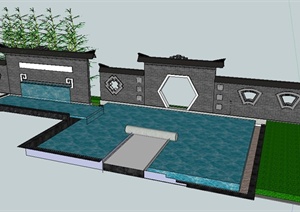 现代中式风格景观水池及景墙SU(草图大师)模型