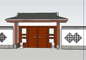现代中式风格住宅大门及镂空围墙SU(草图大师)模型