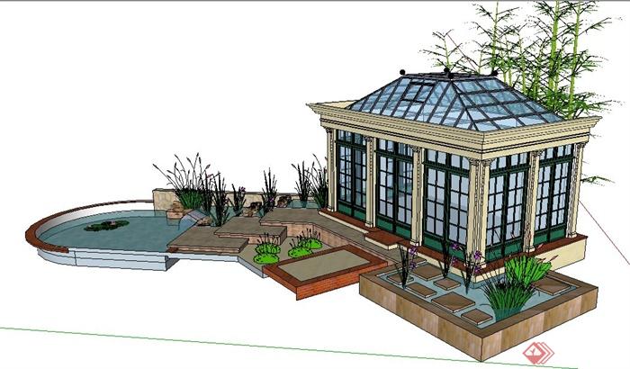 现代风格庭院花房及景观水池su模型(1)