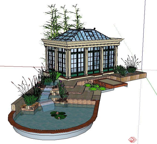 现代风格庭院花房及景观水池su模型(3)