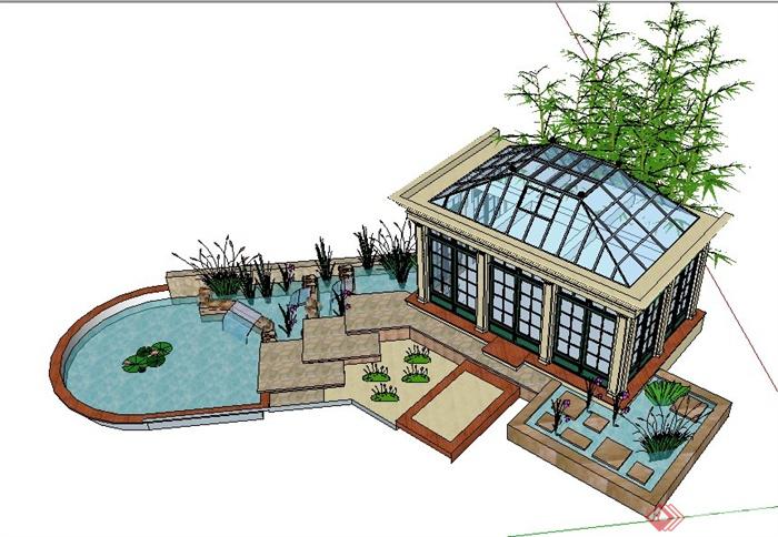 现代风格庭院花房及景观水池su模型(2)