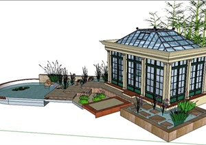 现代风格庭院花房及景观水池SU(草图大师)模型