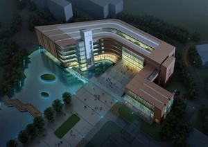 现代某大学多层图书馆建筑设计SU(草图大师)模型+CAD方案图+JPG效果图
