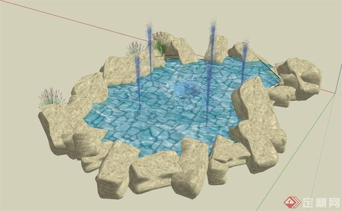 景石喷泉水景设计SU模型(1)