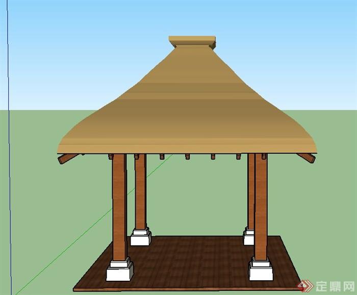 某木质四角凉亭设计SU模型(1)