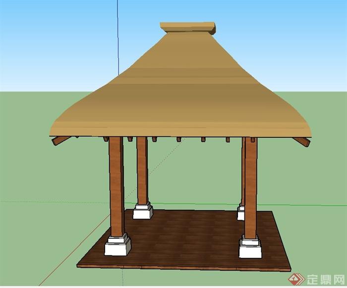 某木质四角凉亭设计SU模型(2)