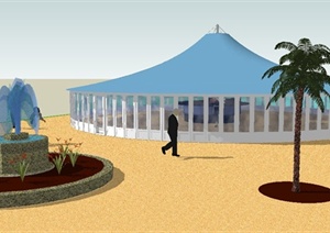 现代风格张拉模式帐篷及水景SU(草图大师)模型