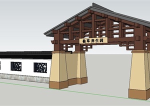 现代中式养生园大门及围墙SU(草图大师)模型