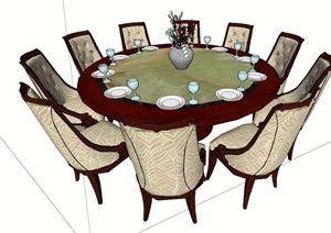 新古典欧式圆形圆形餐桌椅设计SU(草图大师)模型