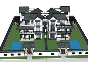 四层中式双拼别墅建筑设计SU(草图大师)模型