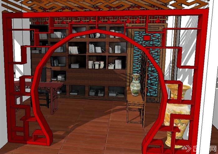 现代中式风格书房室内设计su模型(2)