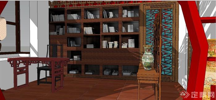 现代中式风格书房室内设计su模型(1)