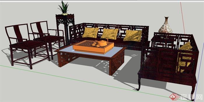 古典中式风格沙发及茶几su模型(1)