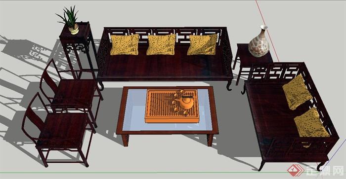 古典中式风格沙发及茶几su模型(3)