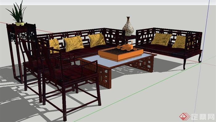 古典中式风格沙发及茶几su模型(2)
