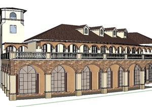 某欧式风格二层售楼中心建筑设计SU(草图大师)模型