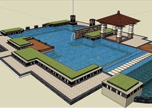 现代风格露天泳池景观SU(草图大师)模型