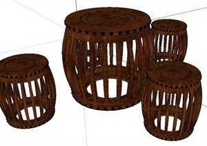 中式风格木制茶桌凳SU(草图大师)模型