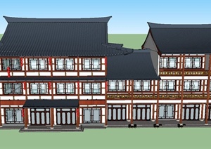 某三层古典中式联排商业建筑设计SU(草图大师)模型