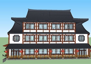 某古典中式三层饭店建筑设计SU(草图大师)模型