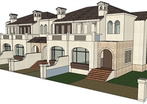地中海式二层联排别墅建筑设计SU(草图大师)模型