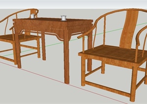 现代中式风格木制桌椅SU(草图大师)模型