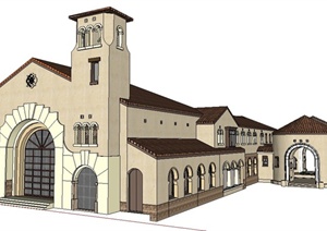 某欧式风格二层教堂建筑设计SU(草图大师)整体模型