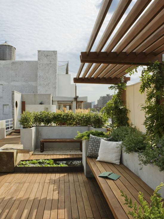 坐凳,木板铺装,花架,屋顶花园