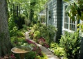 庭院景观,水景,园路,地面铺装,花卉植物,壁灯