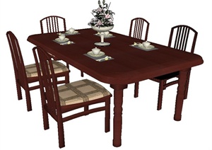 中式风格木制餐桌椅组合SU(草图大师)模型