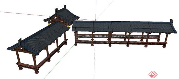 现代中式风格连廊长廊su模型(3)