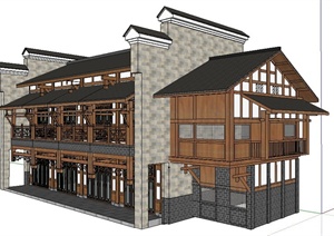 现代中式风格二层客栈建筑设计SU(草图大师)模型