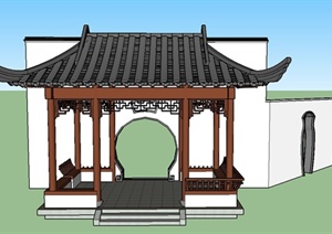 古典中式四角亭与门廊组合设计SU(草图大师)模型