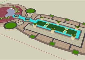 现代简约风格景观水池及地面铺装SU(草图大师)模型