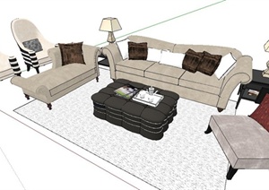 北欧风格客厅沙发茶几组合SU(草图大师)模型
