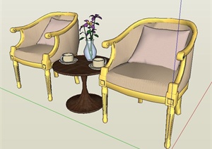 欧式风格单人沙发椅及边几SU(草图大师)模型