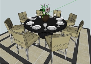 现代风格圆形餐桌椅及吊灯SU(草图大师)模型