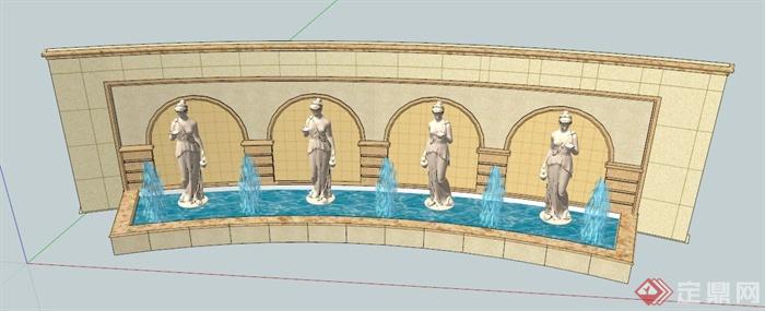 雕塑水景墙组合设计SU模型(1)