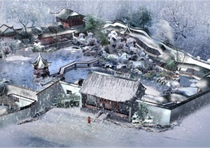 某古典中式庭院雪景鸟瞰设计PSD效果图