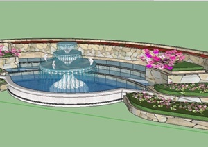 现代风格组合喷泉水景及花池SU(草图大师)模型