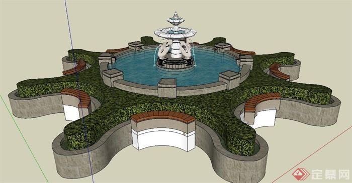 现代雕塑喷泉及花池su模型(1)