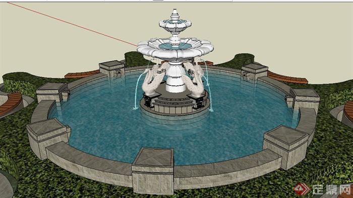现代雕塑喷泉及花池su模型(3)