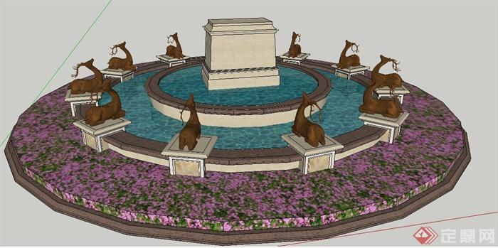 园林景观麋鹿雕塑景观水池su模型(1)