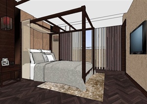 中式风格卧室及衣帽间室内设计SU(草图大师)模型