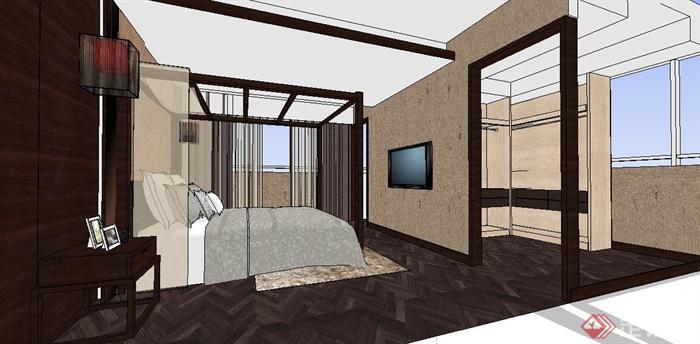 中式风格卧室及衣帽间室内设计su模型(3)