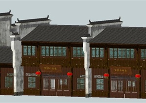 中式风格二层沿街商铺建筑设计SU(草图大师)模型