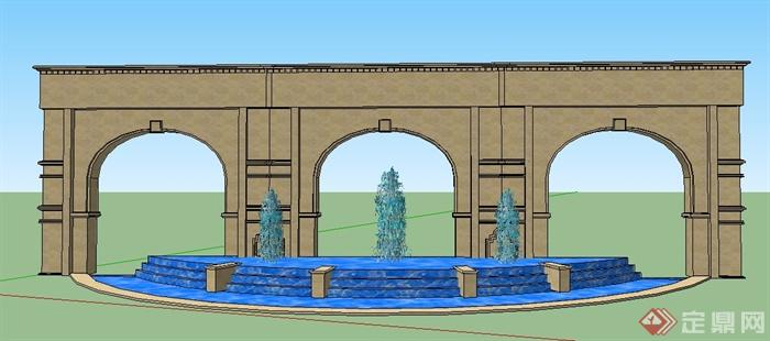 现代风格喷泉叠水及景墙su模型(2)