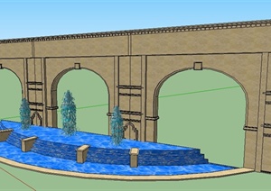 现代风格喷泉叠水及景墙SU(草图大师)模型